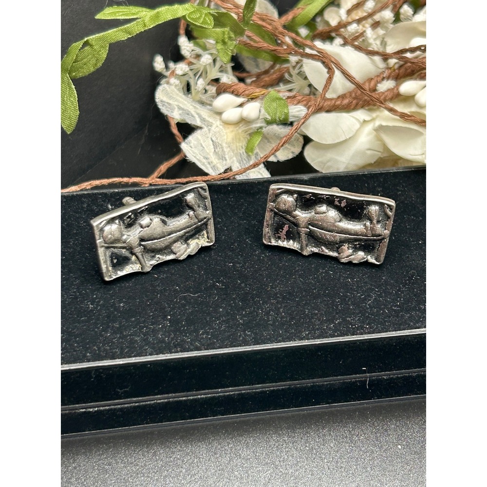 Vintage Brutalist Silver Tone Rectangular Abstract Relief Cufflinks Mens Jewelry